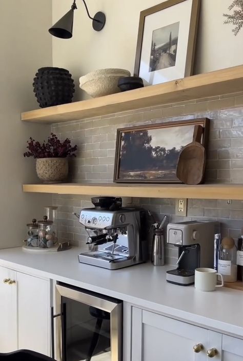 Basement Bar Shelf Decor, How To Style Coffee Bar, Coffee Bar By Window, Coffee Bar Open Shelving Display, Coffee Bar Shelf Styling, Coffee Corner Styling, Bar Shelf Styling Ideas, Coffee Alcohol Bar Ideas, Kitchen Drinks Station