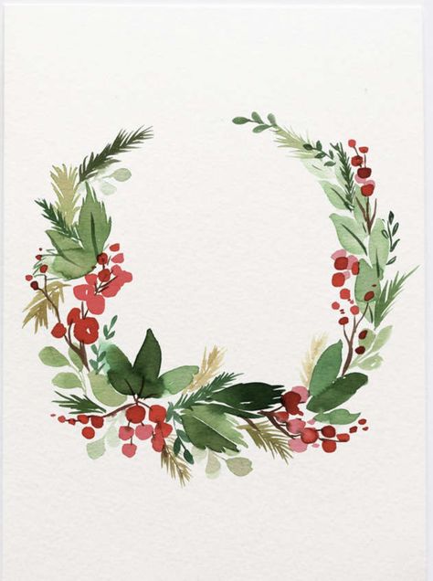 Christmas Wreath Watercolor Tutorial, Watercolor Christmas Wreath On Door, Winter Wreath Watercolor, Watercolour Winter Wreath, Xmas Animals, Floral Wreath Watercolor Christmas, Christmas Embellishments, Progressive Dinner, Painted Christmas Cards