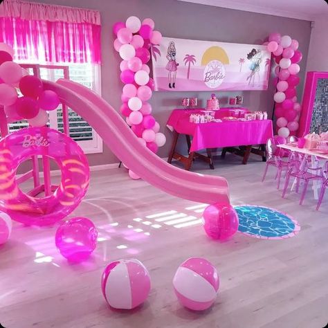 Come on barbie, let's go party Barbie Dream House Birthday Party, Barbie Sixth Birthday, Five Year Old Barbie Birthday, Barbie Malibu Birthday Party, Barbie 5th Birthday Party, Barbie Beach Birthday Party, Malibu Barbie Pool Party, Malibu Barbie Party, Barbie Bar