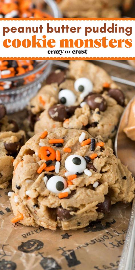 Looking for Halloween treats to make? This peanut butter pudding cookie recipe is a simple Halloween dessert! Loaded with chocolate chips and sprinkles then topped with candy eyes, these Halloween cookie monsters are fun. Save this Halloween party idea! Halloween Peanut Butter Cookies, Peanut Butter Pudding Cookies, Peanut Butter Pudding, Pudding Cookies Recipes, Halloween Treats To Make, Candy Eyes, Peanut Butter Snacks, Butter Pudding, Easy Peanut Butter Cookies