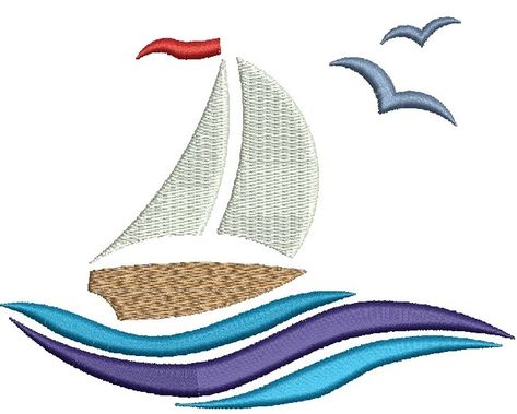 Yacht on Waves and Sea Gulls - 2 Sizes - Products - SWAK Embroidery Sea Gulls, Long Stitch, Geometric Pattern Design, Embroidery Gifts, Coastal Design, Sailboats, Nautical Theme, Stitch Design, Machine Embroidery Design