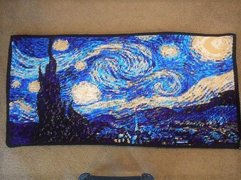 crochet starry night -  from roundup of Masterpieces created in crochet Crochet Starry Night Free Pattern, Crochet Landscape Patterns, Starry Night Crochet Blanket, Starry Night Crochet Pattern, Crochet Painting Patterns, Crochet Starry Night, Transitional Small Bathroom, Crochet Van Gogh, Landscape Crochet