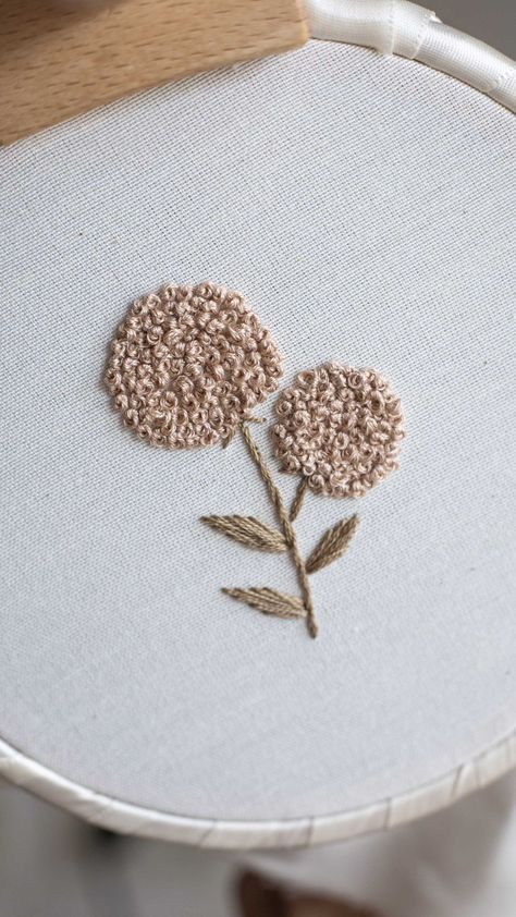 whynotstitching on Instagram: Sometimes simple needlework is so therapeutic ✨ For this fluffy flower I used DMC #3032 (4 strands) for stem and leaves and DMC #842 (5… Simple Needlework, French Knot Flowers, Embroidery Stem Stitch, Stitch Leaves, Small Flower Embroidery, Embroidery School, Stem Stitch, Book Cover Diy, Christmas Bookmarks