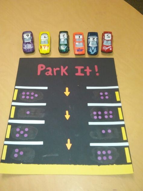 Park It! Children count the dots and park the matching car. Car Math Activities Preschool, Roads Activities For Preschool, Subitising Eyfs Activities, Means Of Transportation Activities, Counting Eyfs, Counting Activities Eyfs, Maths Activities Eyfs, Maths Eyfs, Counting Activities Preschool