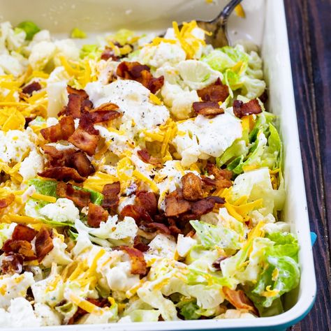 Bacon and Ranch Cauliflower Salad Lettuce Cauliflower Salad, Cauliflower Salad With Bacon, Parmesan Ranch Dressing, Bacon Cauliflower Salad, Ranch Cauliflower, Parmesan Ranch, Spicy Southern Kitchen, Lettuce Recipes, Bacon Cauliflower