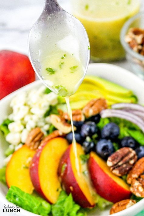 Summer Peach Salad with Fresh Mint Dressing Banana Energy Bites, Salads For Lunch, Banana Energy, Mint Dressing, Easy Summer Salad, Healthy Lunch Salad, Strawberry Feta, Vegetable Pasta Salads, Chia Seed Smoothie