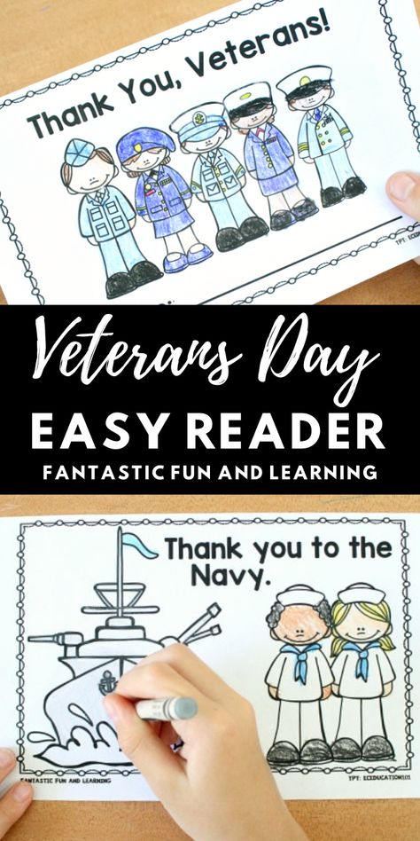 Free Printable Veterans Day Easy Reader-Veterans Day Printable for Preschool and Kindergarten Veterans Day Art Kindergarten, Veterans Day For Preschool, Veterans Day Activity Kindergarten, Veterans Preschool Crafts, Veterans Day For Kindergarten, Prek Veterans Day, Veterans Day Kindergarten Activity, Veterans Day Activities For Kids Free Printable, Veteran's Day Activities For Kindergarten