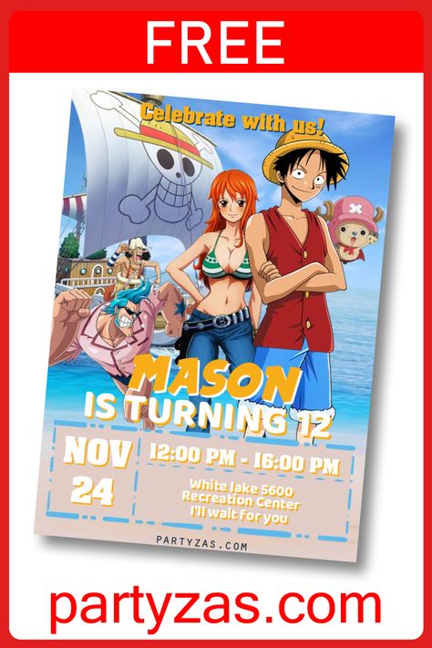 FREE ONE PIECE ANIME Birthday Invitation to Edit Online and download on your phone to share by whatsapp or messenger. Also this ONE PIECE Invitation Card you can Print it. Visit PARTYZAS.COM to see other designs. One Piece Invitation Card, One Piece Anime Birthday, One Piece Template, Anime Birthday Party, Anime Birthday, Card Edit, Ill Wait For You, Virtual Card, Birthday Stuff