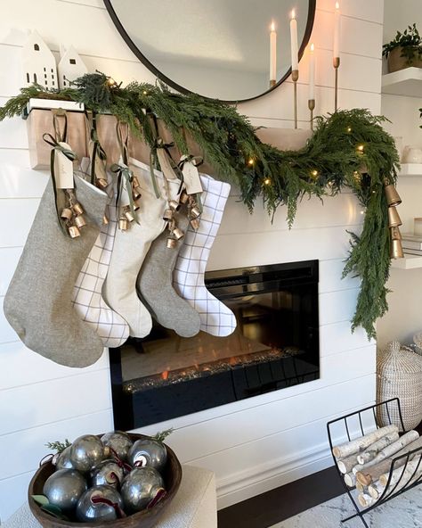 Christmas Mantle With Stockings And Garland, Christmas Mantle Manger Scene, Mantle With Garland And Stocking, Christmas Tv Stand Garland, Farmhouse Mantle Garland, One Sided Garland Mantle, Stockings By Fireplace, Christmas Garland Over Fireplace, Christmas Mantel Minimalist