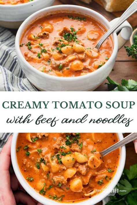 Creamy tomato soup with ground beef and noodles is an easy one-pot dinner that's ready in less than 45 minutes! Add a loaf of crusty bread or a simple green side salad for a delicious and family-friendly weeknight meal. Ground Beef And Noodles, Easy Taco Soup, Quick Soup, Beef Soup Recipes, Soup With Ground Beef, Quick And Easy Soup, Beef Noodle Soup, Creamy Tomato Soup, Small Pasta