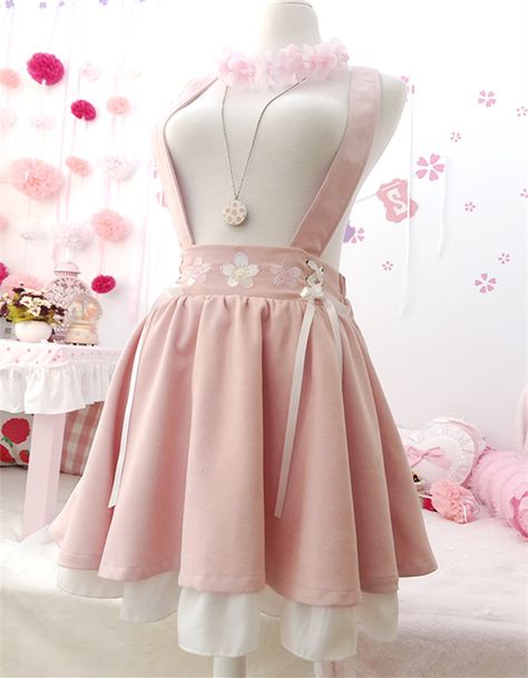 Pinky Sakura Embroidery Strap Skirt - Thumbnail 1 Cute Skirt Outfits Aesthetic, Cute Pink Skirts, Sakura Clothes, Cute Pink Skirt, Sakura Outfits, Sakura Embroidery, Cute Japanese Fashion, Skirt With Straps, Kawaii Skirt