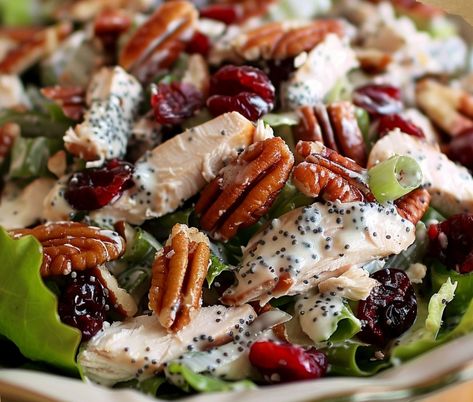 Cranberry Pecan Chicken Salad with Poppy Seed Dressing – Chloe foods Cranberry Pecan Chicken Salad With Poppy Seed Dressing, Cherry Salad Dressing, Cranberry Pecan Chicken Salad, Mrs Dash Seasoning, Salad With Poppy Seed Dressing, Poppy Seed Chicken, Cherries Salad, Holiday Recipes Thanksgiving, Pecan Chicken Salads