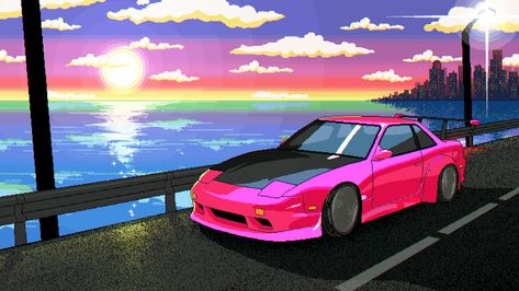 featuring a pink nissan 240SX // check out our blog post compiling all the cars from your favorite aesthetic anime scenes! Extraordinary Wallpaper, Creativity Wallpaper, Pixel Car, Car Gif, Car Animation, Car Banner, Unique Vehicles, Gif Wallpaper, Jdm Wallpaper