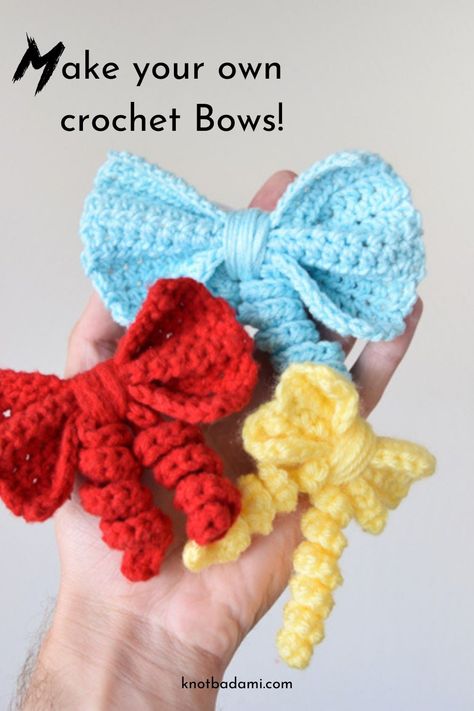 Learn how to crochet your own little cute bows with this beginner friendly pattern! You can find this bow project as a free crochet pattern. Add them to finished projects or use them as an adorable hair accessory! This free DIY crafting project has a step by step photo tutorial on how to create your own. Quick, easy, and simple. Made in many colors and has three sizes. Any yarn can be used for this easy and quick free crochet pattern, perfect free crochet bow pattern for amigurumi. Crochet Small Bows Free Pattern, Crochet Bows Free Pattern Easy, Crocheted Bows, Crochet Bows Free Pattern, Crocheted Scrunchies, Crochet Bow Pattern, Crochet Hair Bows, Crochet Bow, Crochet Bows