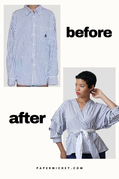 Men’s Shirt Refashion into Ruched Sleeve Wrap Top + 3 Ways to Wear Shirt Refashion Ideas, Shirt Refashion Diy, Upcycle Button Down Shirt, Long Sleeve Shirt Diy, T Shirt Crafts, Upcycle Clothes Diy Refashioning, Sewing Refashion, Upcycle Fashion Diy, Shirt Makeover