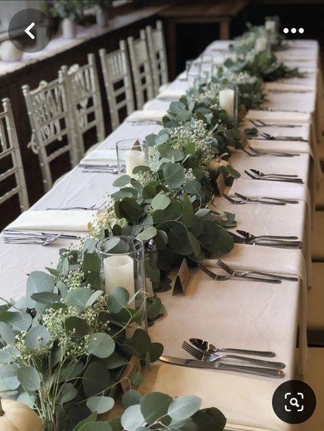 Eucalyptus Centerpiece Long Table, Wedding Table Set Up Without Plates, Herb Table Decor, Olive Green Wedding Table, Simple Wedding Centerpieces Long Tables, Rectangular Wedding Table Decor, Circle Wedding Table Decor, White Wedding Flowers Centerpieces, Wedding Table Deco