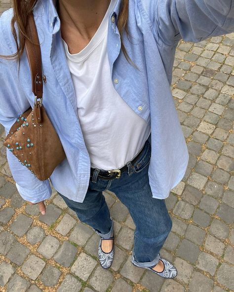 The Outfits Fashion People Wear in London and Paris | Who What Wear Oxford Shirt Outfit, Flat Shoes Outfit, Flowy Black Dress, Paris And London, Blue Oxford Shirt, Errands Outfit, French Women Style, London Look, Outfit Formulas