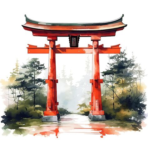 Japan Torii Gate, Gate Watercolor, Japanese Gate, Japanese Theme, Traditional Japanese Architecture, Torii Gate, Minimal Painting, Gate House, Japanese Architecture