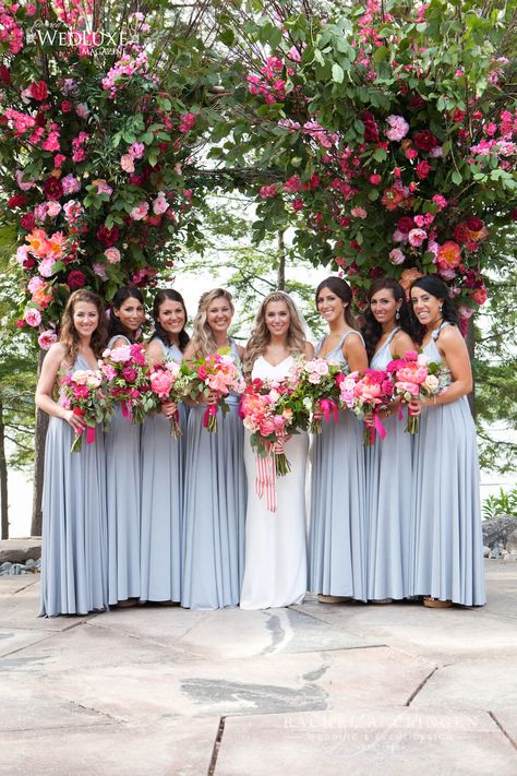 Light Pink Bridesmaid Dresses With Bright Flowers, Blue Bridesmaid Dresses Pink Flowers, Pink And Blue Wedding Party, Fuschia Bridesmaid Dresses, Ice Blue Bridesmaid Dress, Bridesmaids Pink, Cottage On Lake, Chic Modern Wedding, Bohemian Chic Weddings