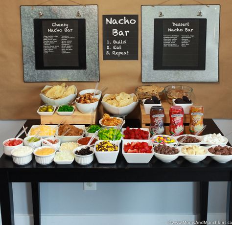 Nacho Bar Ideas including both a cheesy side and a dessert side. A great party buffet idea! #partyfood #nachos Nachos Dessert, Nacho Bar Ideas, Food Bar Ideas, Taco Bar Party, Dessert Nachos, Party Food Bars, Party Food Bar, Cheesy Appetizer, Nacho Bar