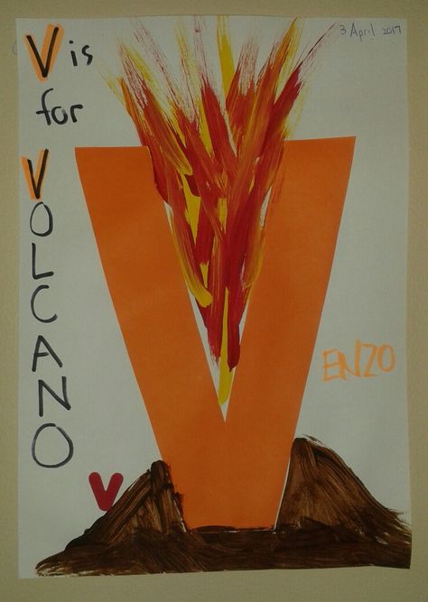 V is for volcano Letter V Crafts For Preschoolers Volcano, V Is For Volcano Preschool, V Letter Craft Preschool, Letter V Projects For Preschool, V Preschool Crafts, Letter Vv Activities For Preschool, V Is For Volcano Craft, V Is For Craft Preschool, Letter V Art Preschool