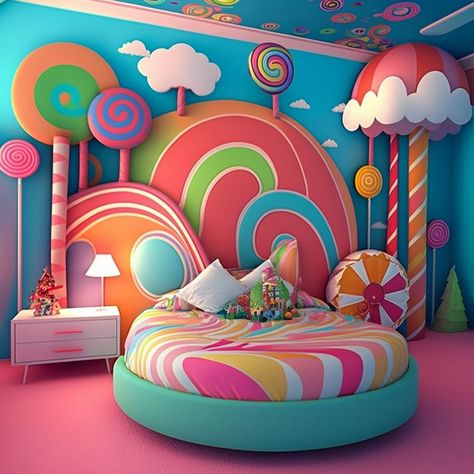 Candy Bedroom Theme, Candy Themed Room, Cloud Lamps, Candy Furniture, Candy Themed Bedroom, Candy Room, Bedroom Interior Design Ideas, Weird Furniture, Colorful Room Decor