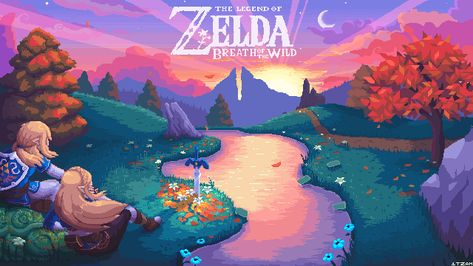 Zelda BotW HD Wallpapers. - Ｉ Ｔ Ｚ Ａ Ｈ ▓██▒█­­░'s Ko-fi Shop - Ko-fi ❤️ Where creators get support from fans through donations, memberships, shop sales and more! The original 'Buy Me a Coffee' Page. Zelda Wallpaper, Pixel Art Gif, Pixel Gif, Pixel Art Landscape, 8 Bit Art, Nintendo Fan Art, Pixel Art Background, Zelda Breath Of The Wild, Link Zelda