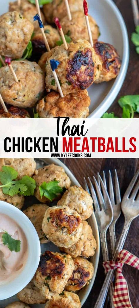 Thai Baked Chicken, Appetizer Chicken, Thai Chicken Meatballs, Asian Chicken Meatballs, Chicken Meatballs Healthy, Ground Chicken Meatballs, Baked Chicken Meatballs, Low Calorie Chicken, Dinner Favorites