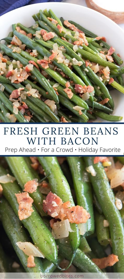 Green beans cooked in a rich broth full of smokey bacon, savory onions and aromatic garlic make these Fresh Green Beans with Bacon exceptionally flavorful. With easy prep-ahead instructions, they make the perfect side dish to serve at your next holiday dinner or weeknight meal! #greenbeans #bacon #sidedish #fresh #easy #sides #veggies #thanksgiving #christmas #easter #holidayrecipe Garlic Bacon Green Beans, Green Beans Bacon Onion, Fresh Green Beans With Bacon, Green Bean Recipes Oven, Greenbeans Bacon, Veggies Thanksgiving, Bacon Green Beans Recipe, Sides Veggies, Oven Green Beans