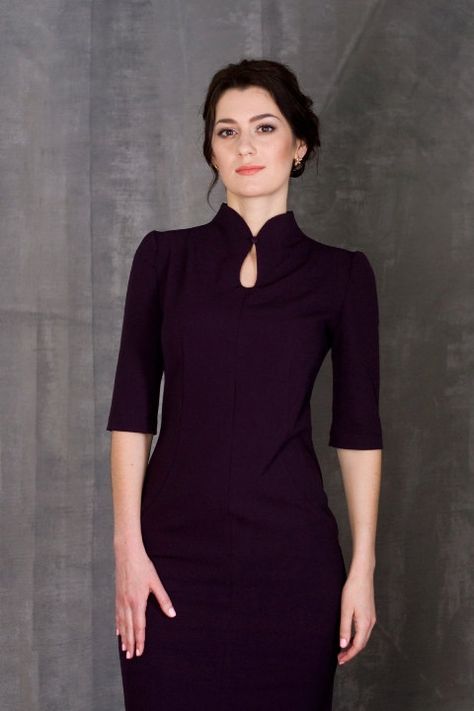 Elegant Dark-Violet Dress by TAVROVSKA Fitted One by TAVROVSKA Elegant Purple Dresses, Mandarin Dress, Mandarin Collar Dress, Black Collared Dress, Modern Qipao, Robes D'occasion, Elegant Cocktail Dress, Structured Dress, Kurta Neck Design