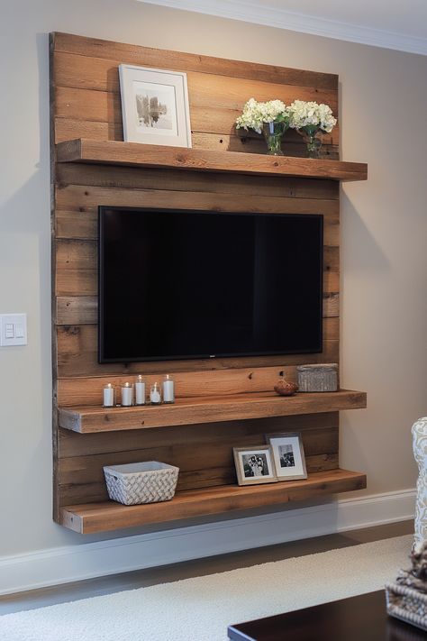 Wood Wall With Tv, Living Room Tv Mounted On Wall, Wood Wall For Tv, Rustic Tv Wall Ideas Mounted Tv, Tv Wall In Bedroom Ideas, Decor Under Tv Wall Mounted Tv Living Room Ideas, Decor Around Tv On Wall Mounted Tv, Wood Behind Tv On Wall, Tv Wall Bedroom Ideas