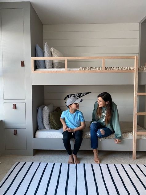 Built In Bunks In Living Room, Built In Bunk Beds With Drawers, Natural Wood Bunk Bed, Toddler Bedroom Bunk Bed, Painted Built In Bunk Beds, Builtin Bunkbeds, Bunk Bed Boys Room Ideas, Bunk Room Plans, Bunk Bed Small Room