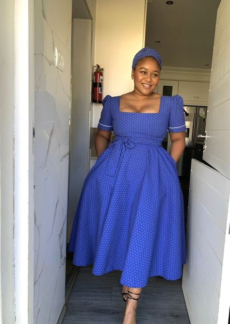 Modern Tswana Traditional Dresses, Sotho Traditional Attire Women, Isishweshwe Dresses, Lobola Negotiations, Leteisi Dress Patterns, Shweshwe Outfits, Sotho Wedding, Makoti Outfits, Tswana Traditional Attire