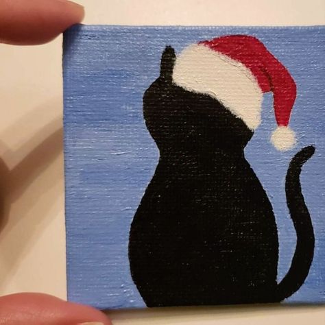 Quirky Christmas Cat Magnets hand-painted on  mini canvas boards. 
#christmas #christmasmagnet #christmasdecor #magnets #cats #quirky #minicanvas #handpainted #meowychristmas #meow #acrylic #santahat #striped #christmastree Christmas Cat Paintings On Canvas, Cat Christmas Painting Easy, Mini Canvas Cat Painting, Diy Christmas Paintings On Canvas Easy, Canvas Painting Ideas Easy Christmas, Easy Things To Draw Christmas, Christmas Cat Painting Easy, Small Christmas Painting Ideas, Easy Christmas Drawing Ideas