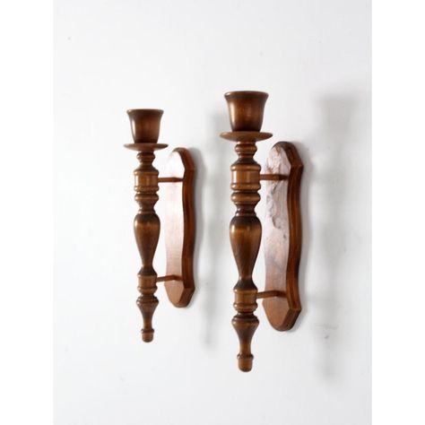 Illuminate any living space with these charming vintage wooden candle sconces. Boasting a graceful turned wood design, these truly unique wall candle holders will bring a timeless elegance to your home. Wood Wall Candle Sconces, Vintage Wood Decor, Chandelier Mural, Wood Turning Ideas, Vintage Wall Candle Holders, Wooden Candle Sconces, Wooden Wall Candle Holders, Turned Candlesticks, Wooden Candle Stand