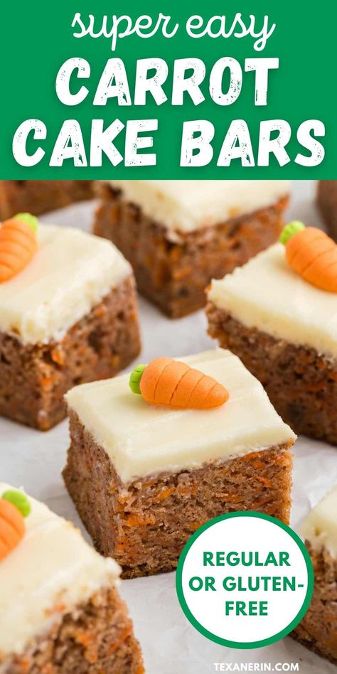 These carrot cake bars are easy to make, super moist, packed with carrots and are topped with a dreamy cream cheese frosting. You can make them with all-purpose, whole wheat or gluten-free flour. Paleo Easter, Carrot Cake Bars, Vegan Carrot Cake, Chewy Gingerbread Cookies, Paleo Brownies, Paleo Cake, Gf Breakfast, Easy Carrot Cake, Paleo Recipes Dessert