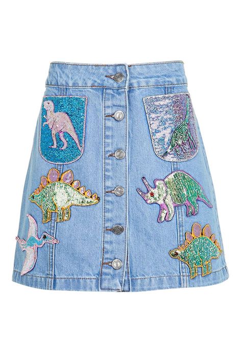 Carousel Image 0 Dinosaur Clothing, Blue Sequin Skirt, Patch Skirt, Decora Fashion, Customised Clothes, Button Front Denim Skirt, Denim Embroidery, Dress Up Boxes, Button Front Skirt