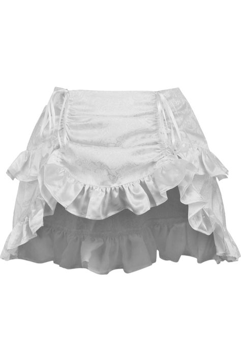 Elastic Waistband Adjustable length using drawstring underneath the skirt Perfect for Pirate, Steampunk, Cosplay and Showgirl styles Regular fits 25" - 30" waist; Curvy fits 32" - 36" waist; Queen fits 38" - 44" waist Pirate Skirt Short, Whote Skirt, White Queen Outfit, Lacy Skirts, Pirate Skirts, White Goth Outfit, Pirate Skirt, Adjustable Clothing, White Ruffle Skirt