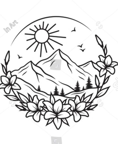 Sun And Mountain Drawing, Mountain Flowers Drawing, Wood Burn Mountains, Wood Burning Ideas Flowers, Mountain Pyrography, Mountain Tattoos For Women, Mountain Coloring Pages, Western Coloring Pages, Nature Outline