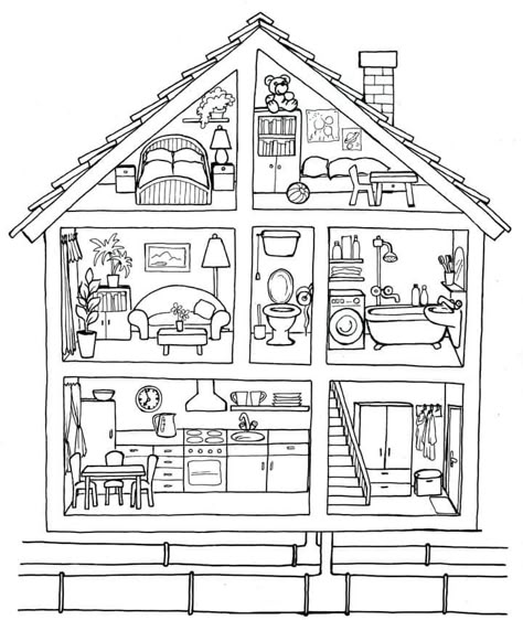 English Primary School, Illustration For Kids, House Colouring Pages, English Lessons For Kids, English Activities, House Drawing, Coloring Book Art, Cute Coloring Pages, Book Page