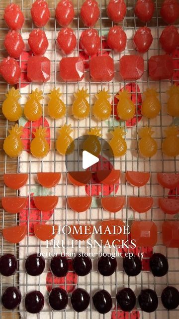 Lexi Harrison & Beth Sinclair on Instagram: "Homemade Fruit Snacks for episode 15 of Better Than Store-Bought! 🍓🍍🍉🍇

Recipe below 👇 or comment ‘RECIPE’ and I’ll send the recipe straight to your DMs 💌

The first time we tried homemade fruit gummies, we weren’t impressed with the texture – it was more jell-o-like than chewy/gummy. 

After doing some research on how real gummy bears are made, we realized that if you leave them out at room temperature overnight, they shrink & dry out, which concentrates the flavor AND gives you that perfect gummy texture you’re looking for! 

The great thing about this recipe is that it’s SO versatile. You can really use any fruit. We chose strawberry, watermelon, pineapple and grapes to match the molds that we have and they were all absolutely delicious Gummy Sweets Recipe, Mango Gummies, Fruit Snack Recipe, Snacks Homemade, Watermelon Gummies, Homemade Gummy Bears, Fruit Gummies, Homemade Fruit Snacks, Crowded Kitchen