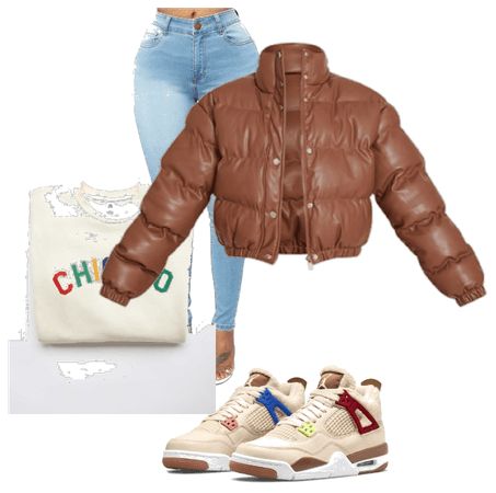 Tan Jordans Outfit, Tan Dunks Outfit Woman, Tan Puffy Jacket Outfit, Tan Hoodie Outfit Black Women, Air Jordan 4 Retro Gs Wild Things, Air Jordan 4 Outfit Women, Brown Fuzzy Jacket Outfit, Air Jordan 4 Outfit, Jordan 4 Outfit Women