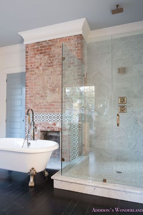 Modern Clawfoot Tub, Alabaster Walls, Countertop Marble, Waterfall Counter, Clawfoot Tubs, Fireplace Glass, Blue Ceiling, White Brick Fireplace, Brick Fireplace Makeover