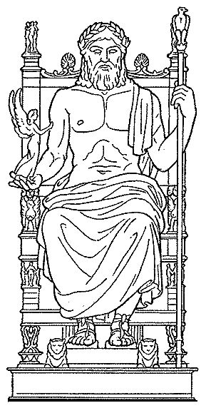 Zeus depicted on a throne chair. Zeus Drawing Sketch, Zeus Drawing, Statue Of Zeus At Olympia, Statue Of Zeus, Zeus Statue, Greek Crafts, Chair Drawing, Statue Tattoo, Art Nouveau Illustration