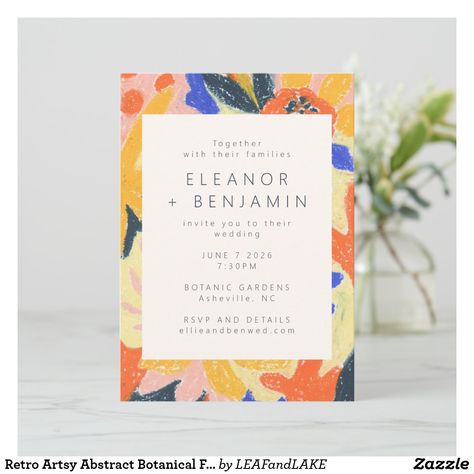 Artsy Wedding Invitation, Elopement Invitations, Blue Floral Invitation, Quirky Wedding Invitations, Abstract Wedding, Orange Wedding Invitations, Botanical Wedding Invitation, Elopement Invitation, Retro Wedding Invitations