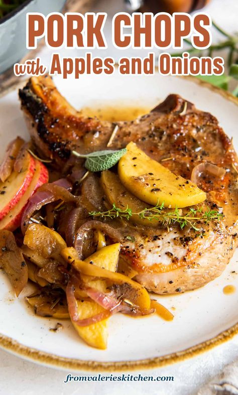 Pan seared pork chops with tender apples and onions in a slightly tangy pan sauce. These Pork Chops with Apples and Onions cook in one pan to tender perfection in about 30 minutes! Pork With Apples And Onions, Apple Onion Pork Chops, Pork Chops With Apples And Onions, Pork Chop Apples Onions, Apples And Porkchop, Apple Pork Chops Baked, Best Pork Tenderloin Recipe, Pork Chops Bone In, Braised Pork Chops