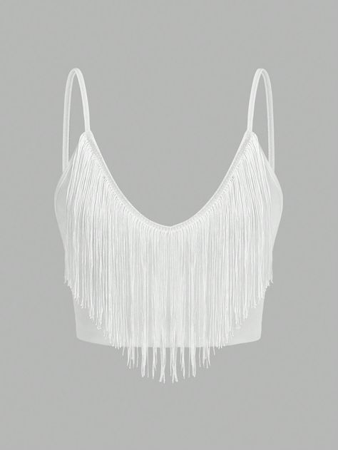 SHEIN ICON Solid Fringe Trim Cami TopI discovered amazing products on SHEIN.com, come check them out! Quince Clothes, White Fringe Top, Tassel Top, Shein Icon, White Fringe, White Tassel, Fringe Top, Club Tops, Women Tank Tops