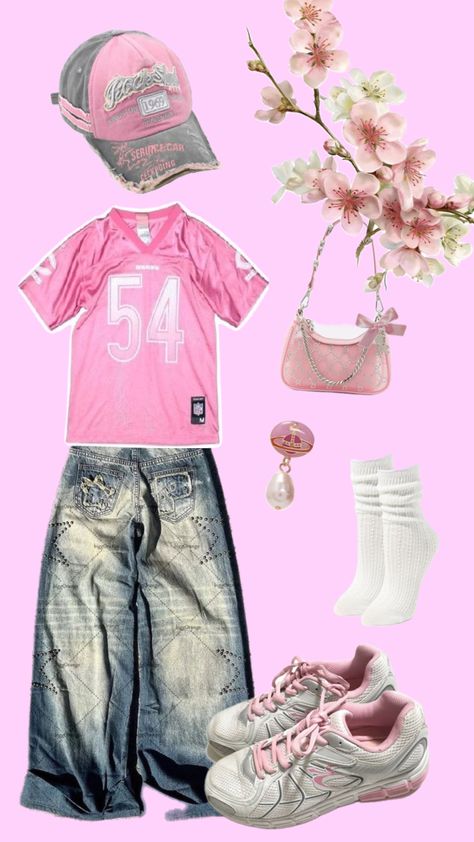 Pink outfit inspo🎀 #outfitinspo #vintage #beauty #pinkaesthetic #pink #pinkaestheticshuffle #fitinspo #sigma #silver #bows Pink Dance Outfits Hip Hop, Pink Jersey Outfit, Pink Streetwear Outfit, Y2k Pink Outfit, Hip Hop Dance Outfits, Birthday Fit, Pink Streetwear, Streetwear Inspo, Birthday Fits