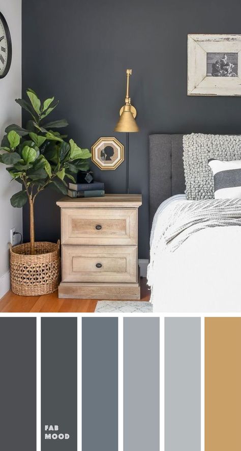 Color inspiration Archives - Page 4 of 23 - Fabmood | Wedding Colors, Wedding Themes, Wedding color palettes Gray Accent Wall Bedroom, Grey Bedroom Colors, Grey And Gold Bedroom, Dark Gray Bedroom, Gray Walls, Gold Bedroom, Dekorasi Kamar Tidur, Bedroom Wall Colors, Accent Wall Bedroom