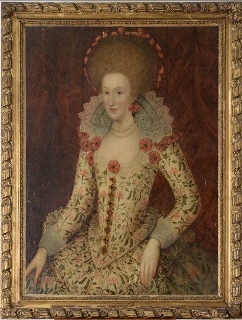 CIRCLE OF WILLIAM LARKIN (c.1580-1619) PORTRAIT OF A LADY, TRADITIONALLY IDENTIFIED AS LADY ARABELLA STUART (1575-1615) Seated, three quarter length, wearing a cream dress with fine lace collar and cuffs, embroidered with pink carnations and pea pods and adorned with red rosettes, her light auburn hair dressed high with red ribbons, oil on panel Overall panel size 113 x 82cm. Provenance: Collection of Norman Lamplugh, c.1931; Sothebys London, c.1963-1965 Lady Annabelle, Anne Of Denmark, 17th Century Fashion, History Of Fashion, Royal Women, Elizabethan Era, Queen Consort, Commission Portrait, Architecture Art Design